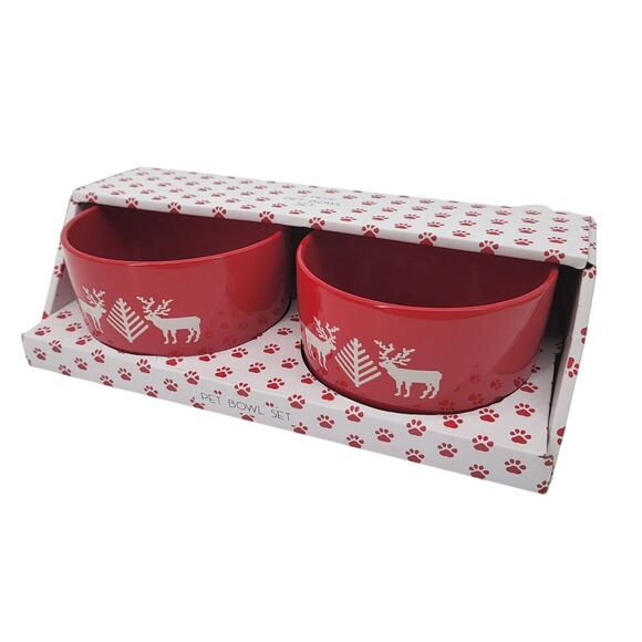 Two 2 Piece Pet Bowl Set Red Christmas Reindeer Water Food Cat Dog Ceramic NEW - Picture 1 of 5